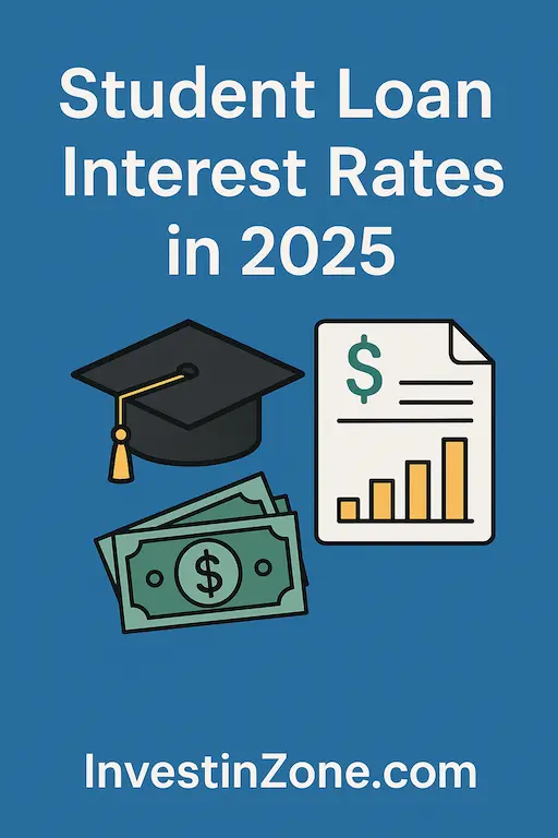 "Student Loan Interest Rates in 2025 - Comparison of federal and private loan interest rates with financial icons and InvestinZone.com branding"