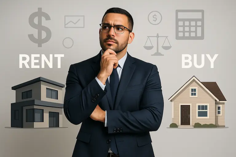 Illustration comparing buying a house vs renting an apartment in 2025