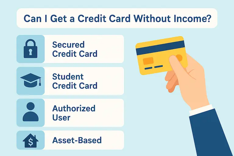 Infographic showing how to get a credit card without income, including secured cards, student cards, authorized user, and asset-based options.