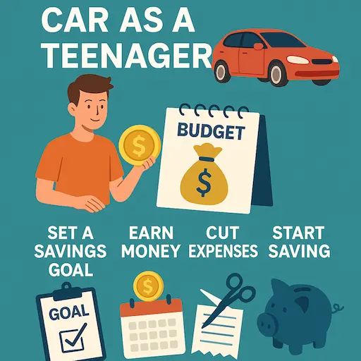 Infographic showing how to save for a car as a teenager, including steps like setting a savings goal, earning money, cutting expenses, and starting a budget.