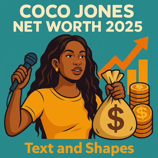 Digital illustration of Coco Jones holding a microphone and a money bag, with coins and an upward graph, representing her net worth and financial success in 2025.