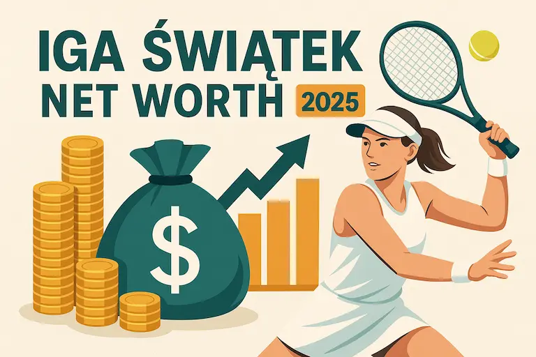 Illustration of Iga Świątek playing tennis with money bag, gold coins, and upward chart symbolizing her net worth and financial success in 2025.
